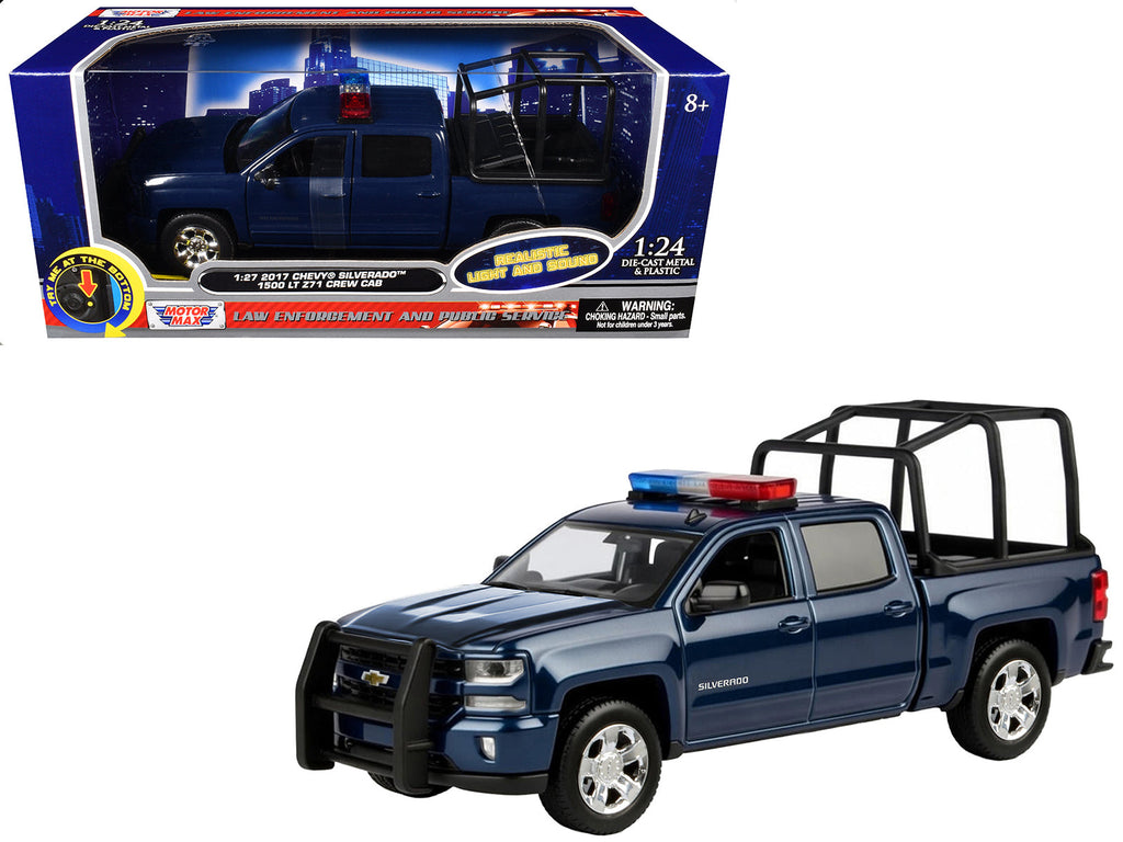 2017 Chevrolet Silverado 1500 LT Z71 Crew Cab Pickup Truck with Bed Cage Dark Blue with Flashing Light Bar and Front and Rear Lights and Sounds 1/27 Diecast Model Car by Motormax