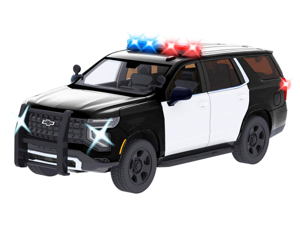 2025 Chevrolet Tahoe PPV Black and White "Builder's Kit" with Flashing Light Bar and Front and Rear Lights and Sounds 1/24 Diecast Model Car by Motormax