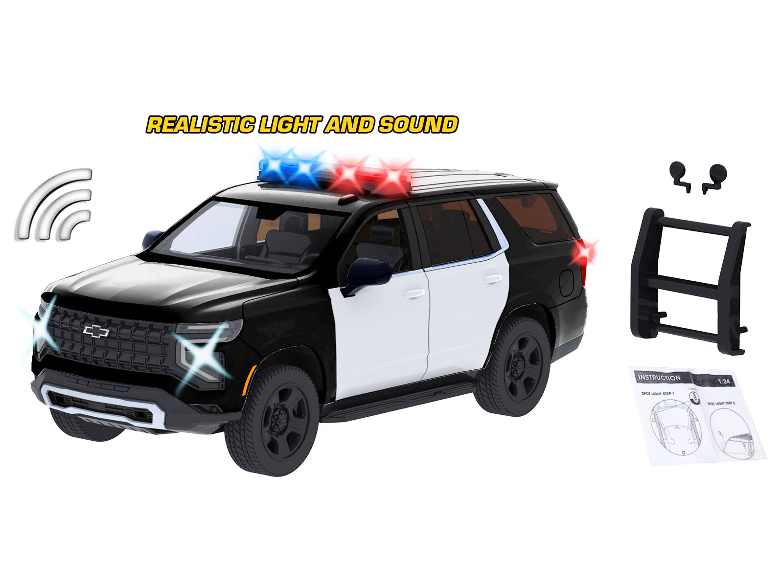 2025 Chevrolet Tahoe PPV Black and White "Builder's Kit" with Flashing Light Bar and Front and Rear Lights and Sounds 1/24 Diecast Model Car by Motormax