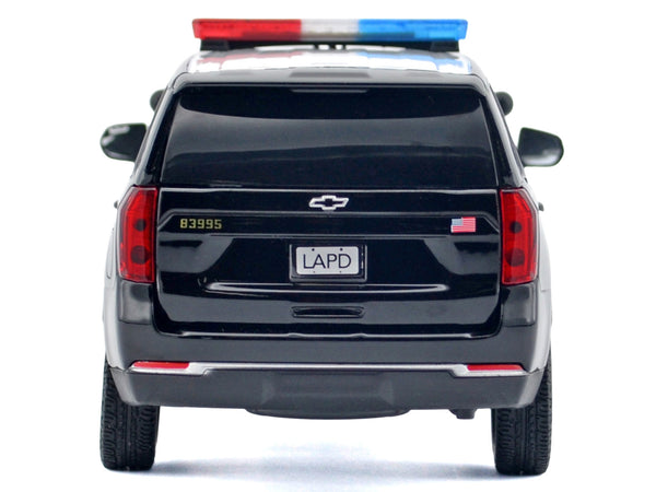 2025 Chevrolet Tahoe PPV "LAPD (Los Angeles Police Department)" Black and White with Flashing Light Bar and Front and Rear Lights and Sounds 1/24 Diecast Model Car by Motormax