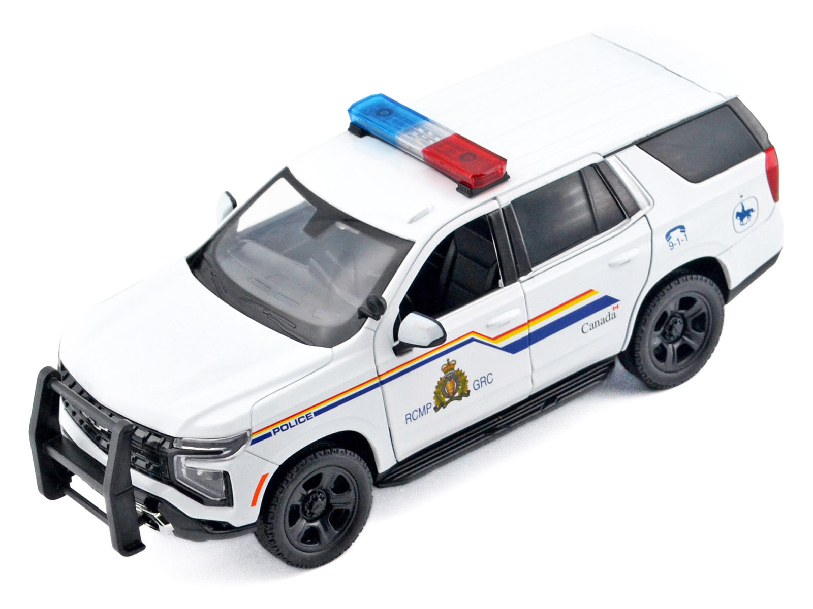 2025 Chevrolet Tahoe PPV "RCMP (Royal Canadian Mounted Police)" White with Stripes with Flashing Light Bar and Front and Rear Lights and Sounds 1/24 Diecast Model Car by Motormax