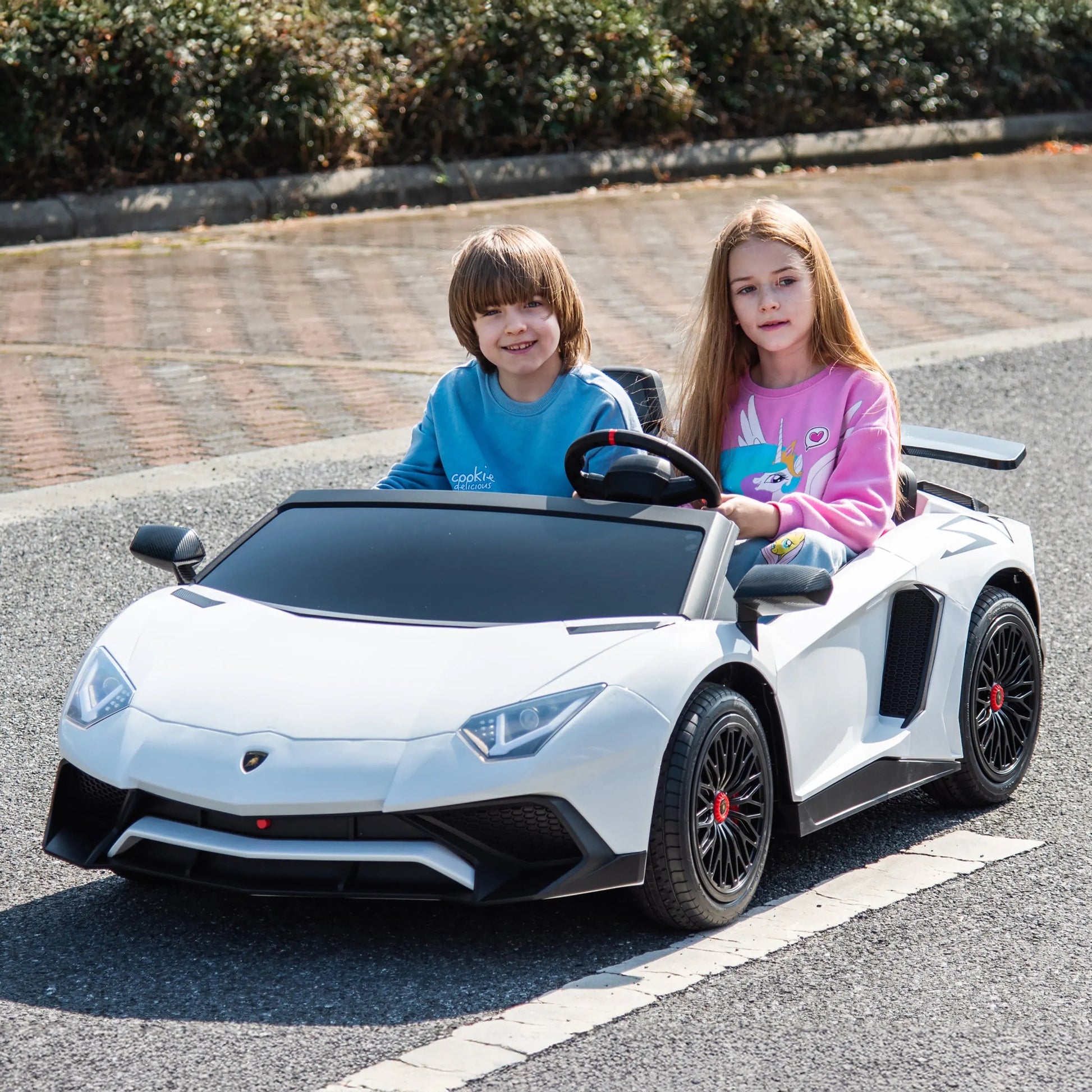 24V Lamborghini Aventador 2 Seater Ride On Car for Kids: Advanced Brushless Motor & Differential for High-Octane Fun White