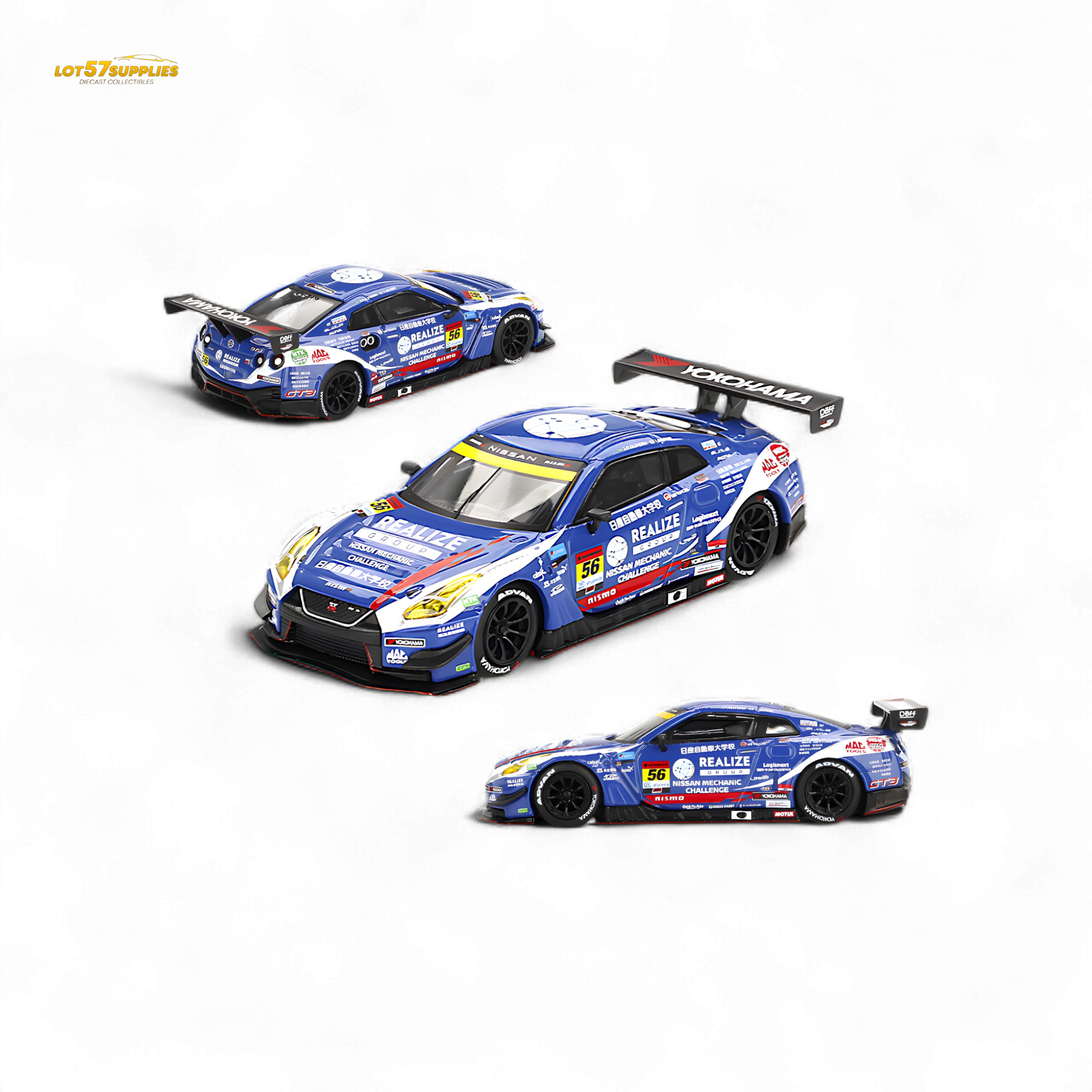 Mini-GT Nissan GT-R Nismo GT3 #56 "REALIZE MECHANIC CHALLENGE GT-R" 2023 SUPER GT SERIES #859 1:64 - Collectors World Toys Main image