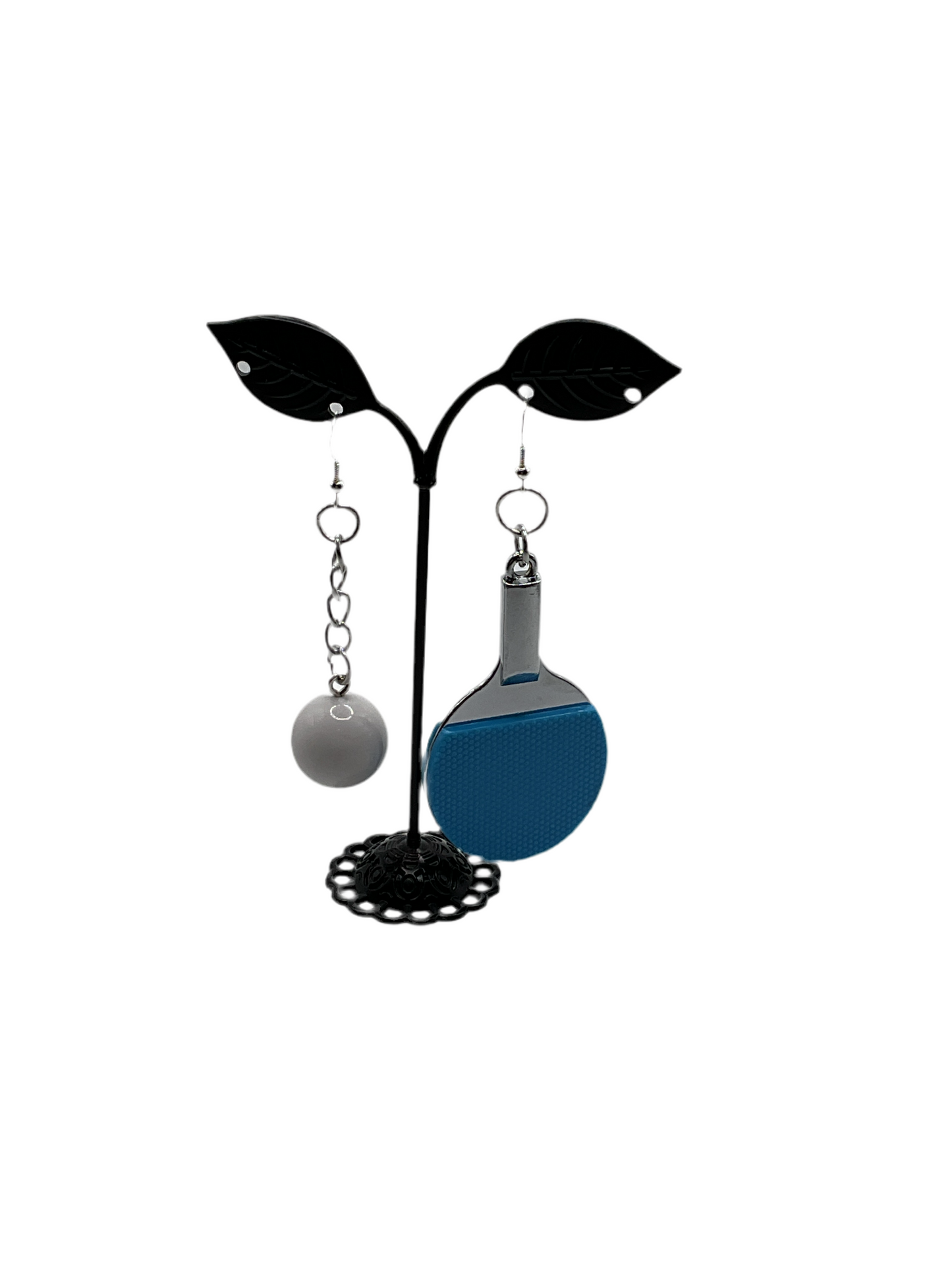 Blue ping pong paddle and ball earrings