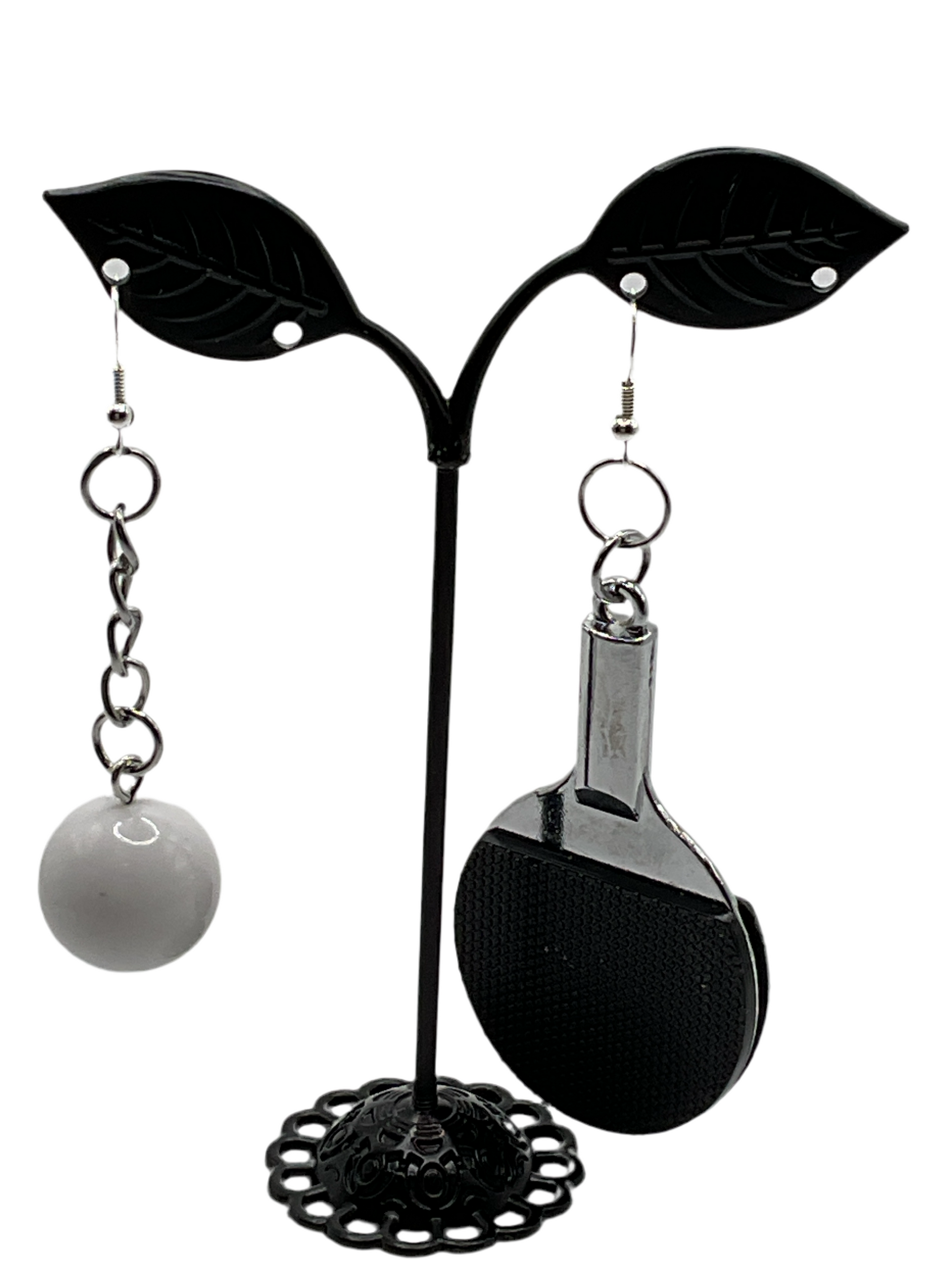 Black ping pong paddle and ball earrings