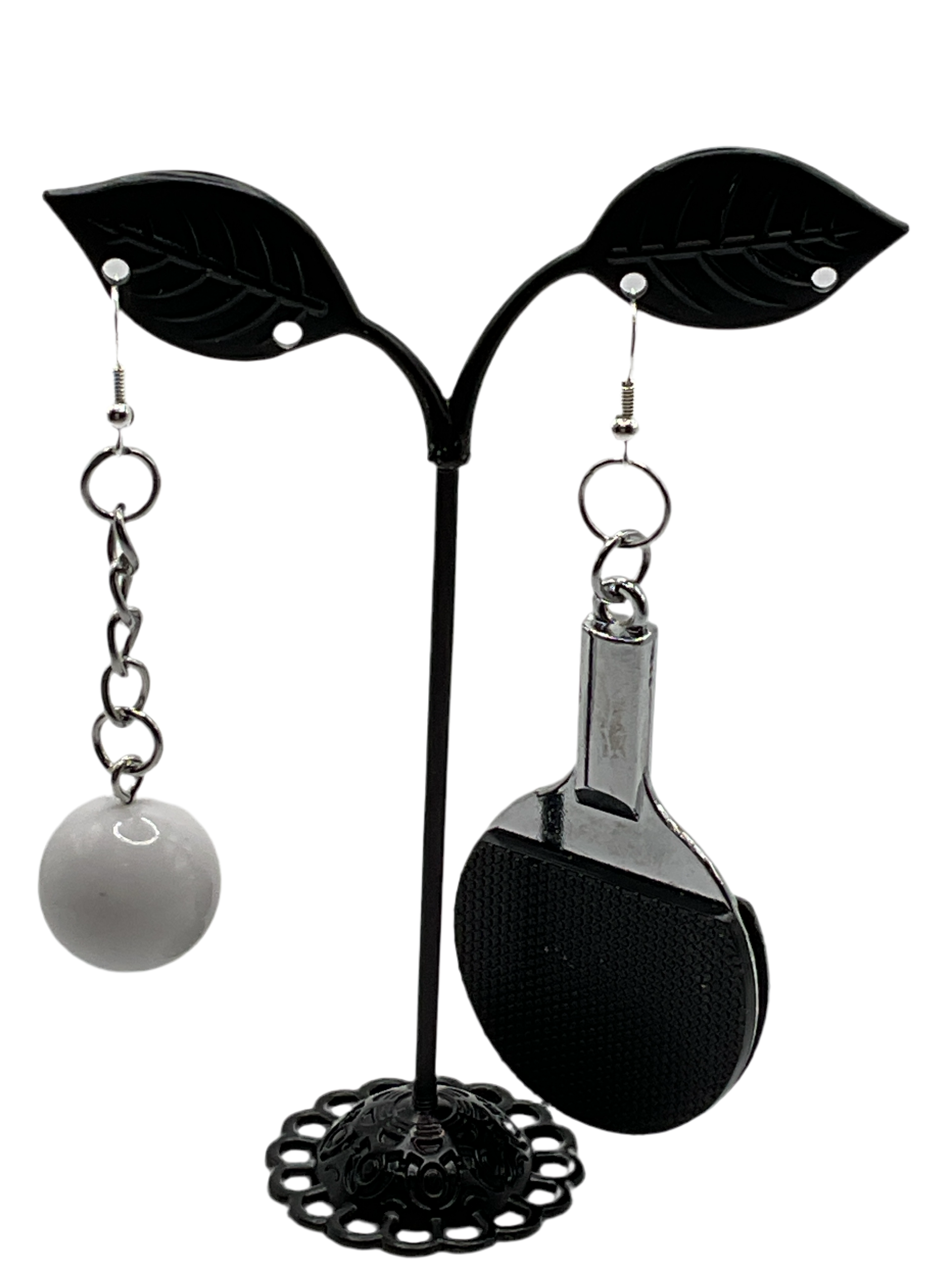 Black ping pong paddle and ball earrings