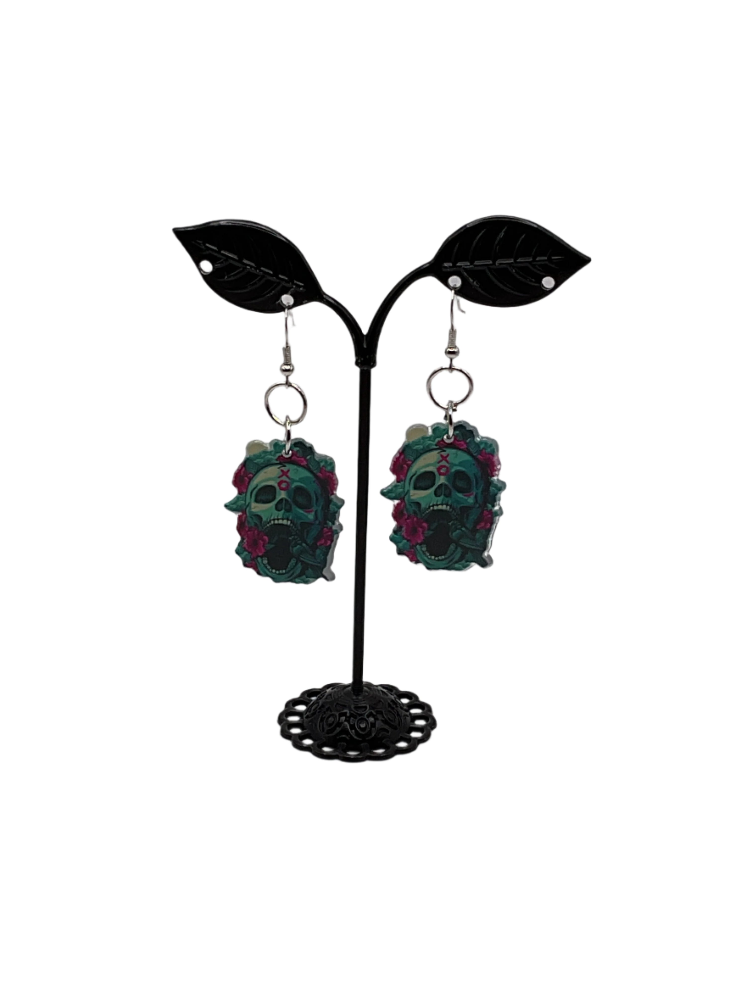 Skulls With Pink Rose Earrings