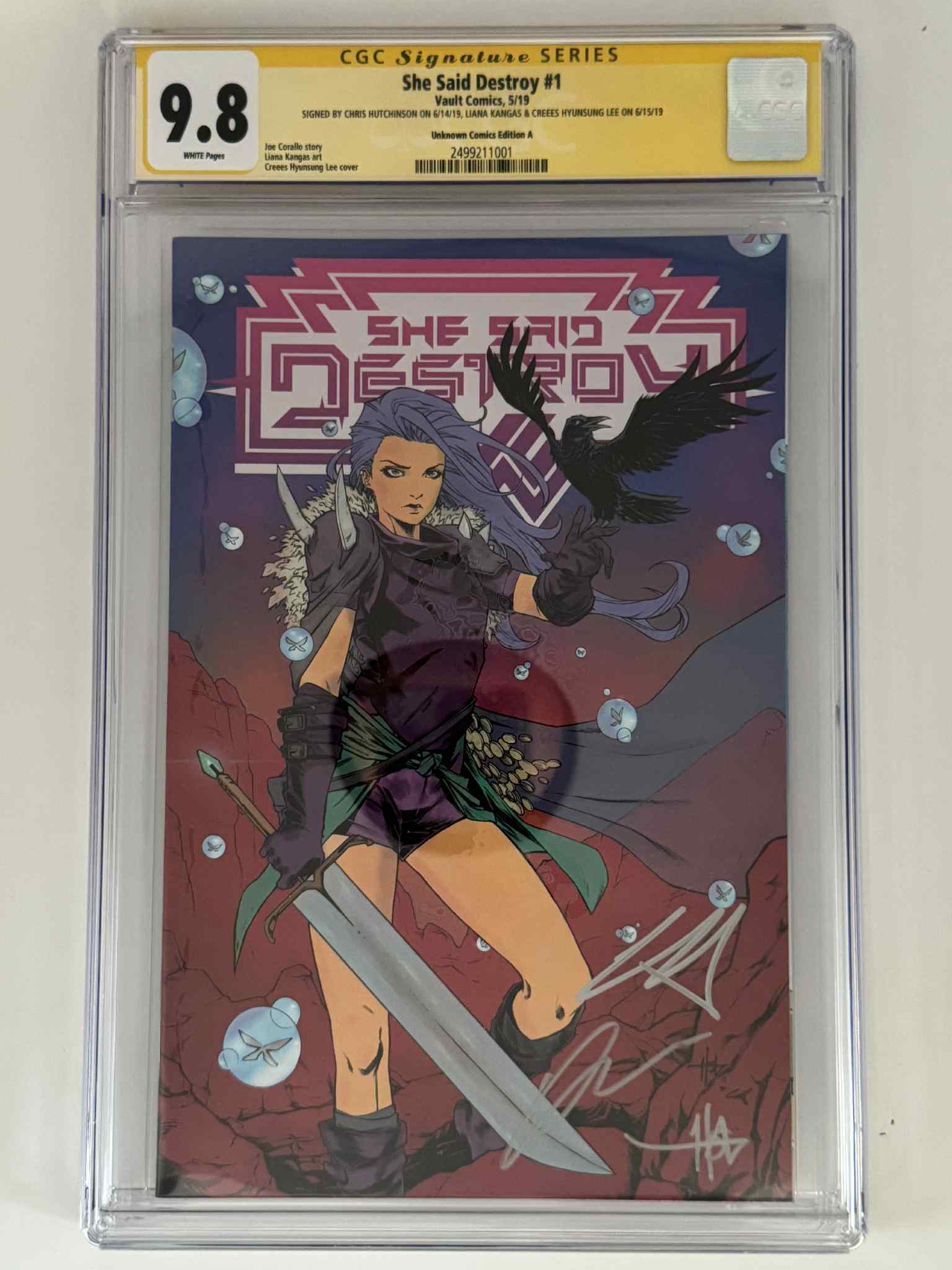 [Triple Signed by Chris Hutchinson | Liana Kangas | Creees Hyunsung Lee] She Said Destroy #1 CGC 9.8 Yellow Label Creees Exclusive Var Main image