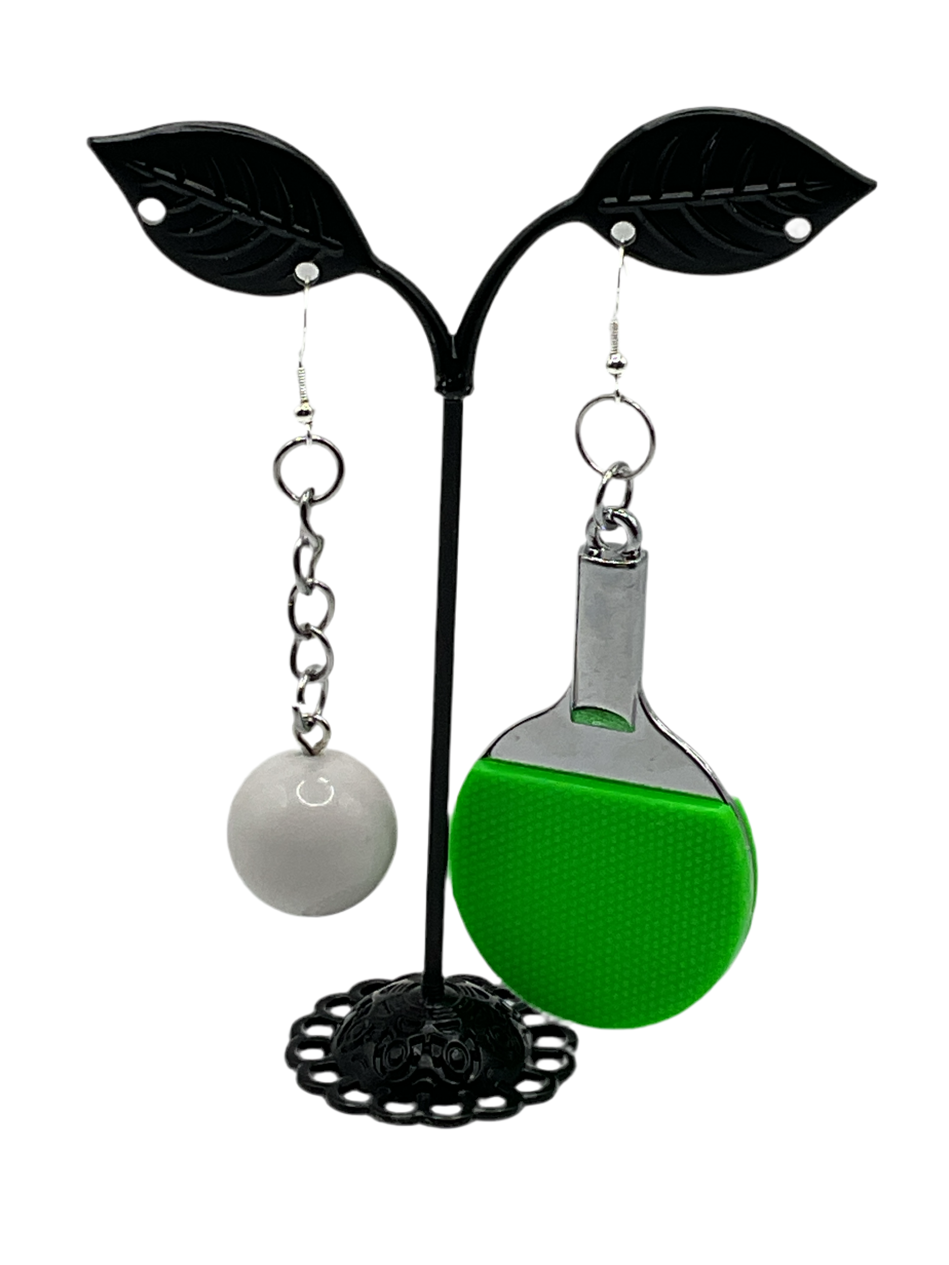Green ping pong paddle and ball earrings Main image
