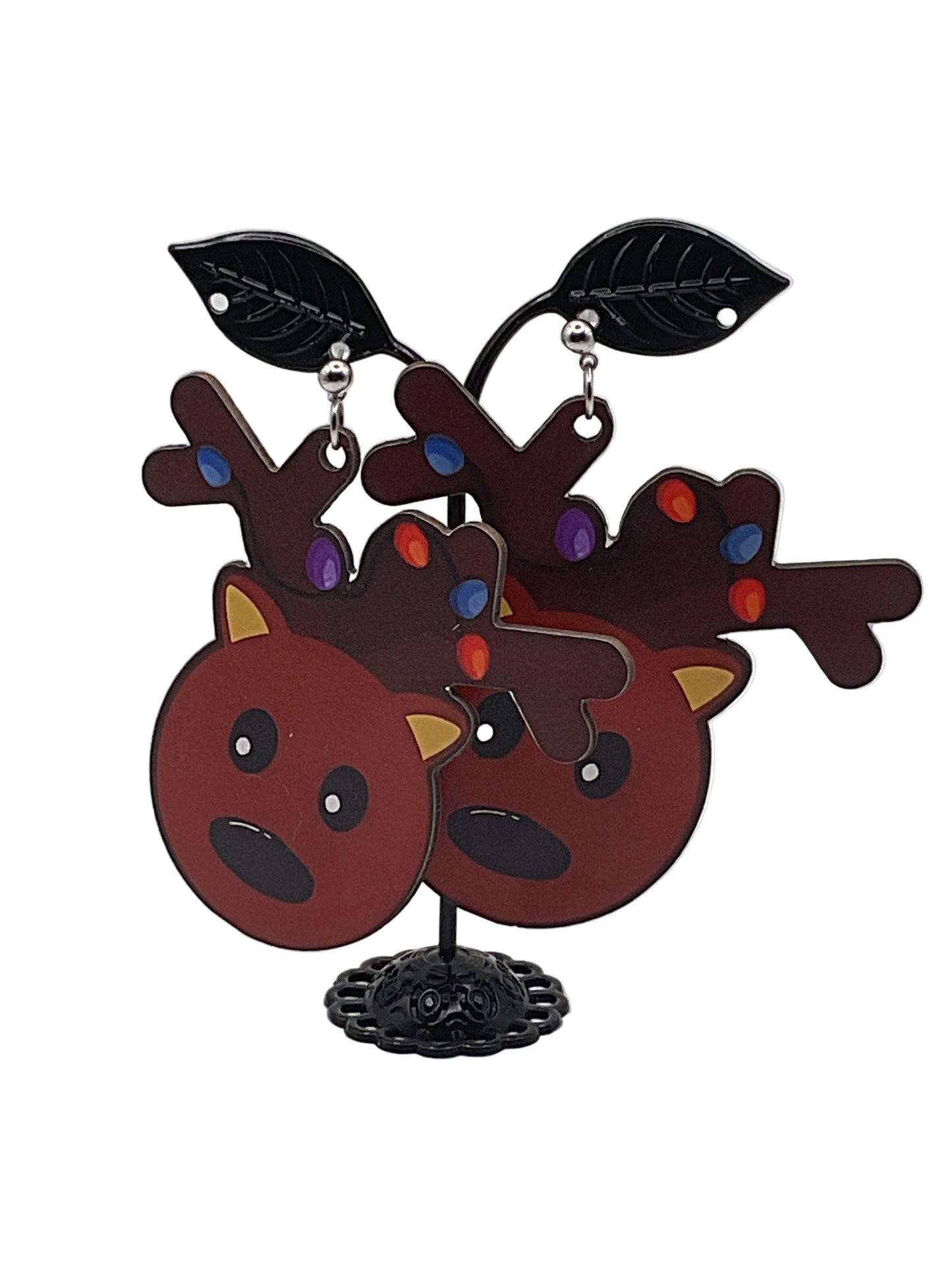 Wooden Christmas Earrings REINDEER WITH CHRISTMAS LIGHTS POST