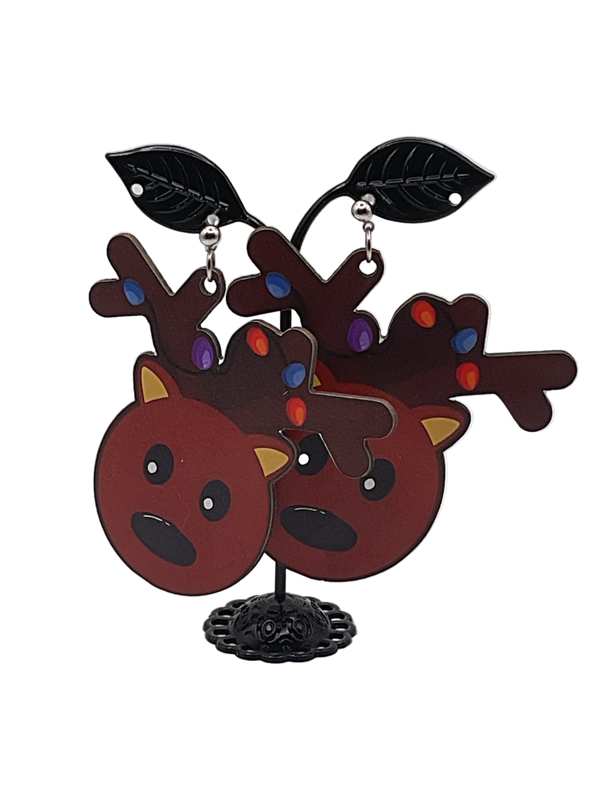 Wooden Christmas Earrings REINDEER WITH CHRISTMAS LIGHTS POST