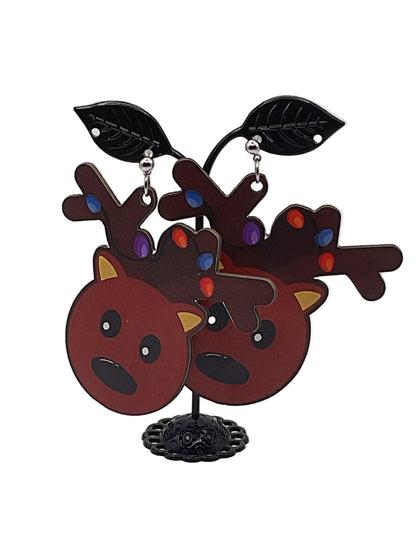 Wooden Christmas Earrings REINDEER WITH CHRISTMAS LIGHTS POST