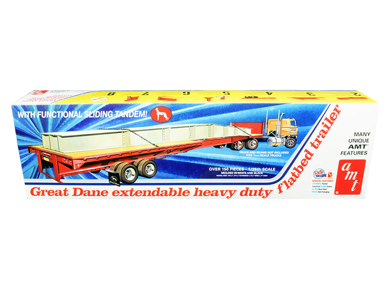 AMT - Skill 3 Model Kit Great Dane Extendable Heavy Duty Flat Bed Trailer with Functional Sliding Tandem 1/25 Scale Model