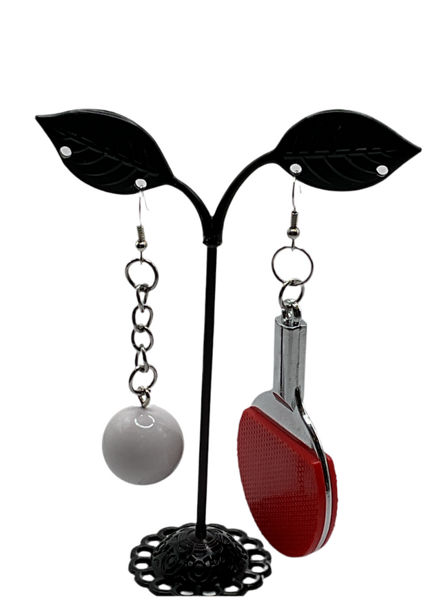 Red ping pong paddle and ball earrings Hover Image