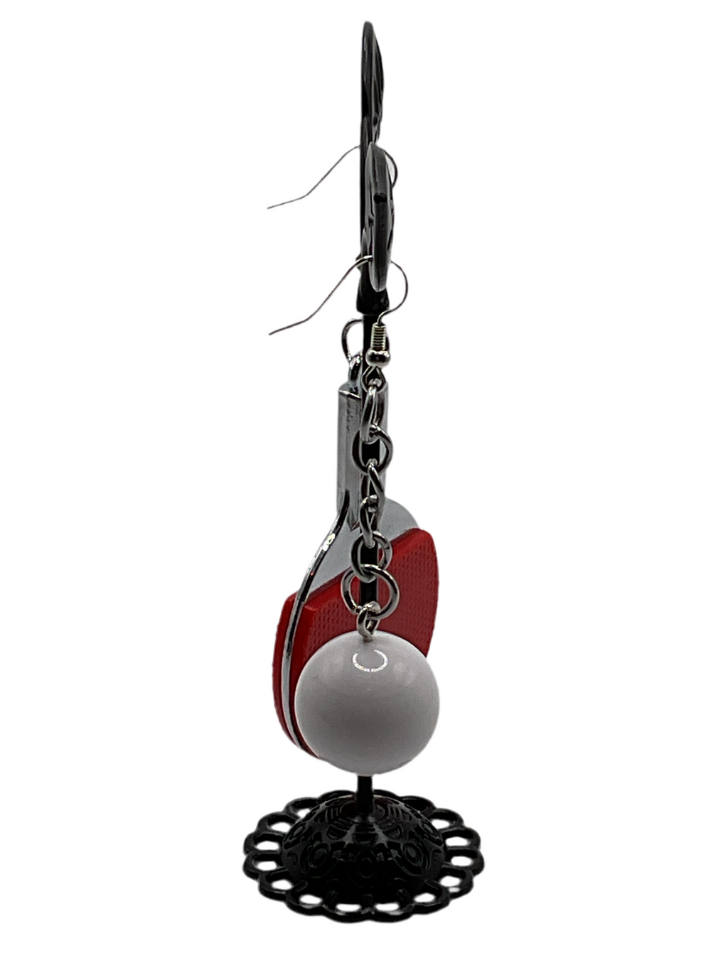 Red ping pong paddle and ball earrings