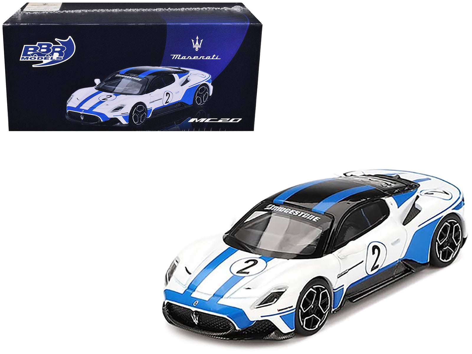 BBR - Maserati MC20 #2 White with Blue Stripes and Black Top "Maserati Performance Experience" 1/64 Diecast Model Car by BBR