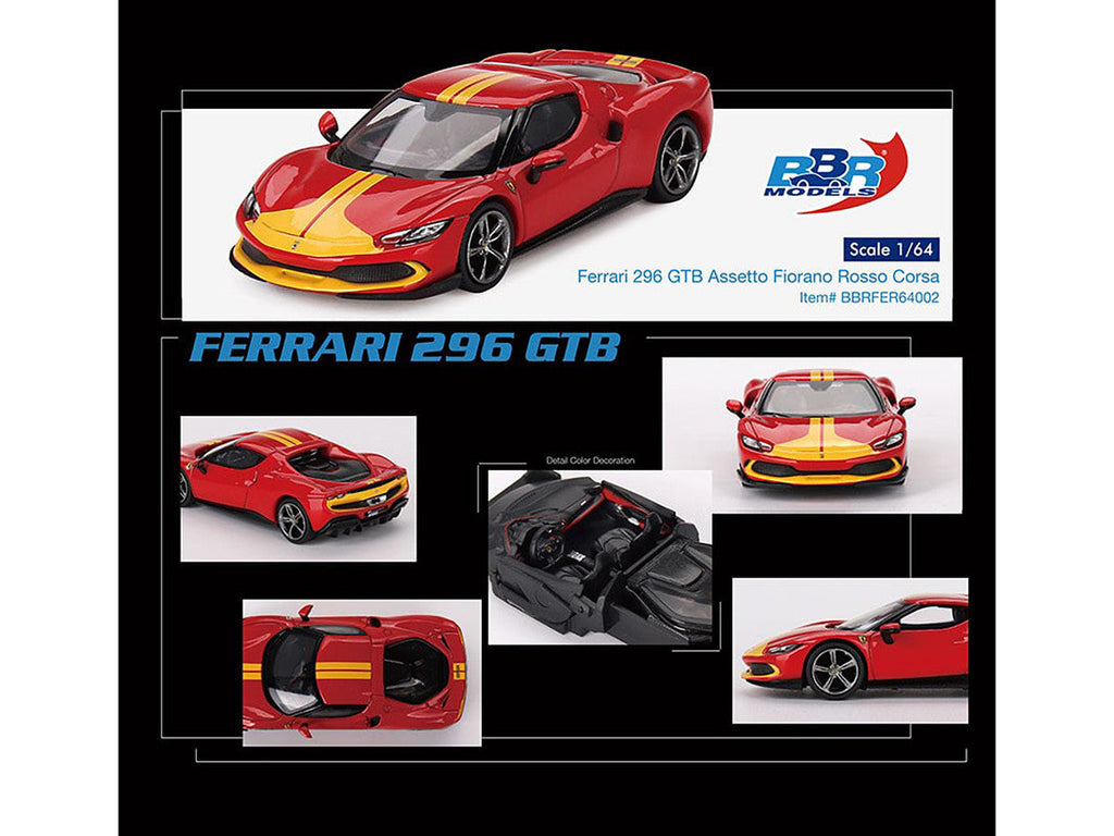 BBR - Ferrari 296 GTB Assetto Fiorano Rosso Corsa Red with Yellow Stripes 1/64 Diecast Model Car by BBR