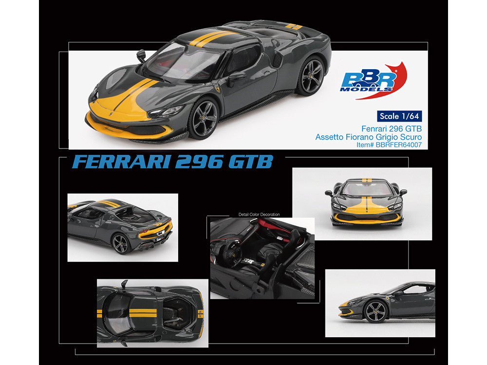 BBR - Ferrari 296 GTB Assetto Fiorano Grigio Scuro (Dark Gray) with Yellow Stripes 1/64 Diecast Model Car by BBR