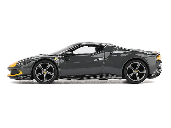 BBR - Ferrari 296 GTB Assetto Fiorano Grigio Scuro (Dark Gray) with Yellow Stripes 1/64 Diecast Model Car by BBR