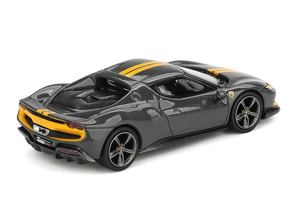 BBR - Ferrari 296 GTB Assetto Fiorano Grigio Scuro (Dark Gray) with Yellow Stripes 1/64 Diecast Model Car by BBR