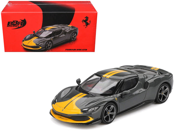 BBR - Ferrari 296 GTB Assetto Fiorano Grigio Scuro (Dark Gray) with Yellow Stripes 1/64 Diecast Model Car by BBR