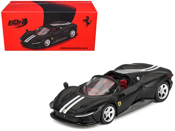 BBR - Ferrari Daytona SP3 Matt Black with White Stripes and Red Interior 1/64 Diecast Model Car by BBR