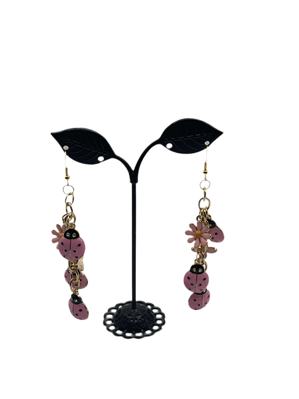 Pink ladybug and flower earrings