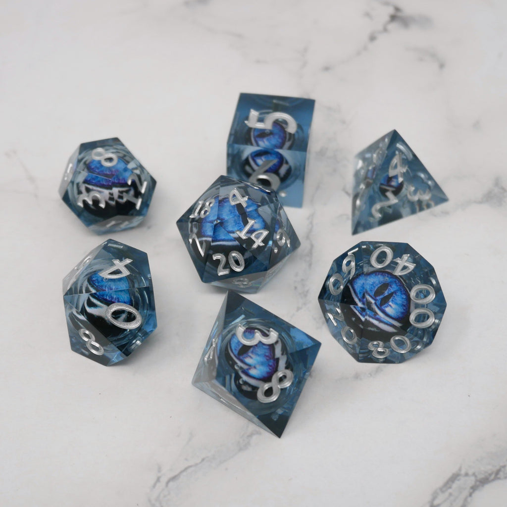 Blue Slaadi's Eye - 7 Piece Moving Eye DnD Dice Set | Acrylic RPG Gaming Dice - Collectors World Toys
