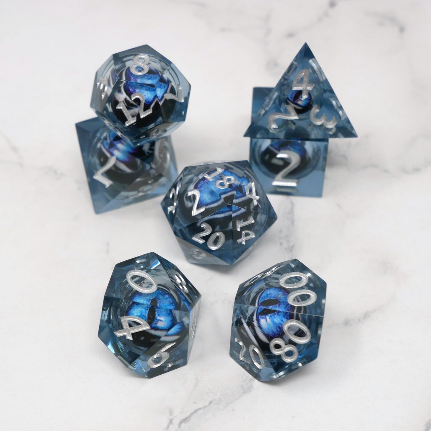 Blue Slaadi's Eye - 7 Piece Moving Eye DnD Dice Set | Acrylic RPG Gaming Dice