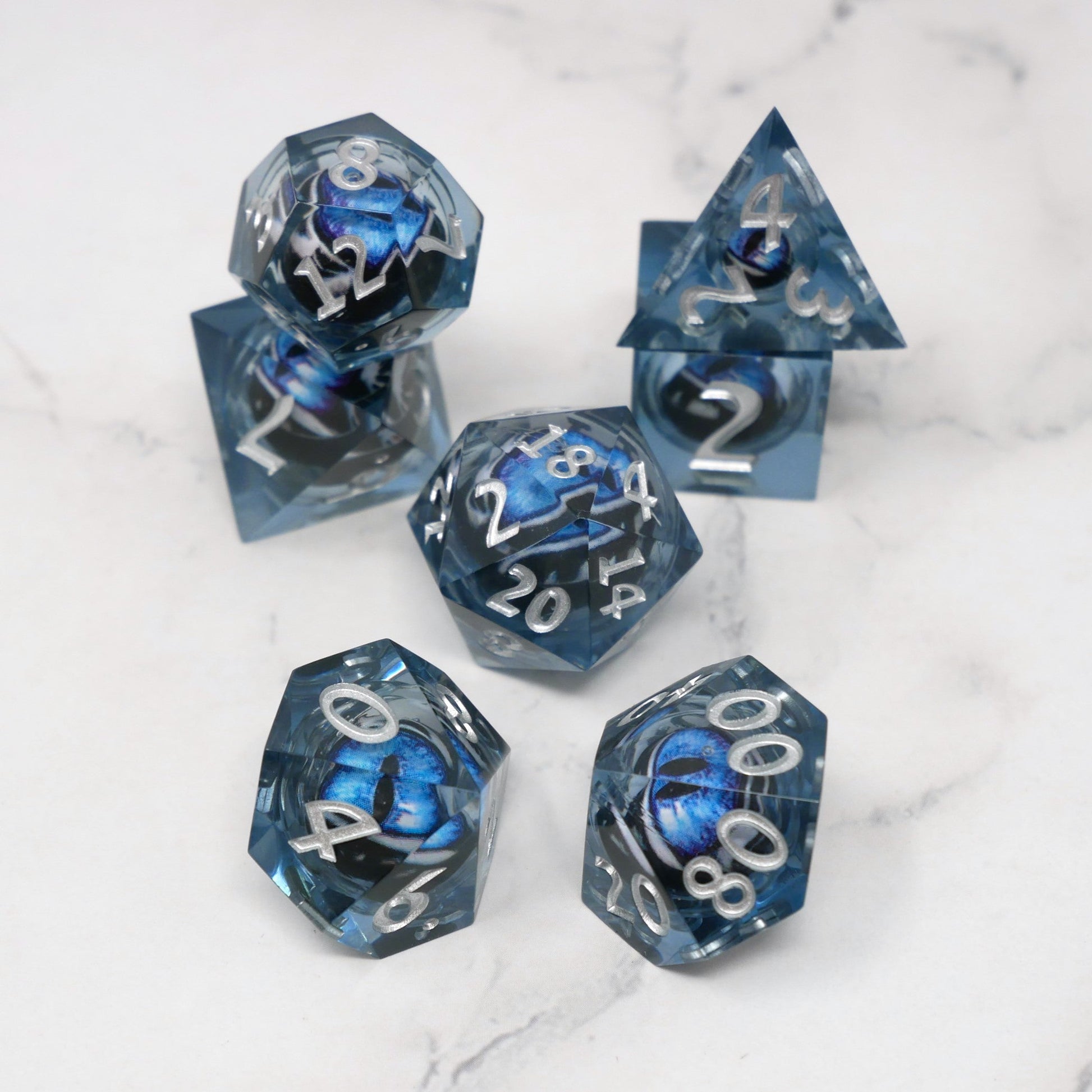 Blue Slaadi's Eye - 7 Piece Moving Eye DnD Dice Set | Acrylic RPG Gaming Dice