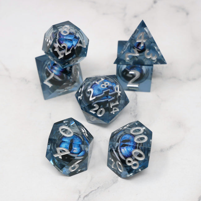 Blue Slaadi's Eye - 7 Piece Moving Eye DnD Dice Set | Acrylic RPG Gaming Dice - Collectors World Toys Hover Image
