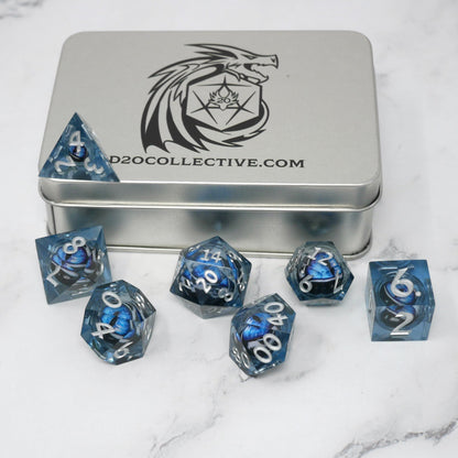 Blue Slaadi's Eye - 7 Piece Moving Eye DnD Dice Set | Acrylic RPG Gaming Dice
