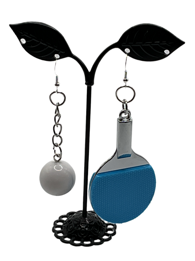 Blue ping pong paddle and ball earrings Hover Image