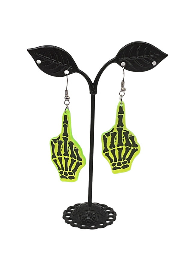 Neon Skeleton Middle Finger Earrings - Collectors World Toys Hover Image