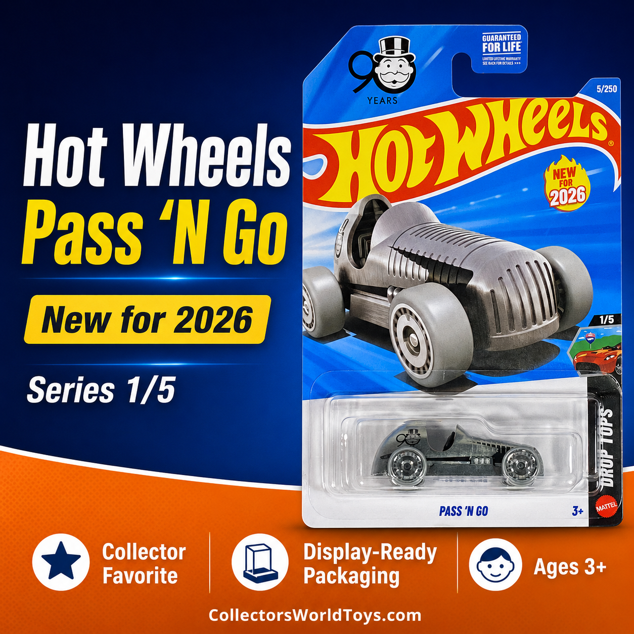 Hot Wheels Pass ’N Go 2026 Drop Tops 1/5 5/250 Monopoly 90 Years Die-Cast Car