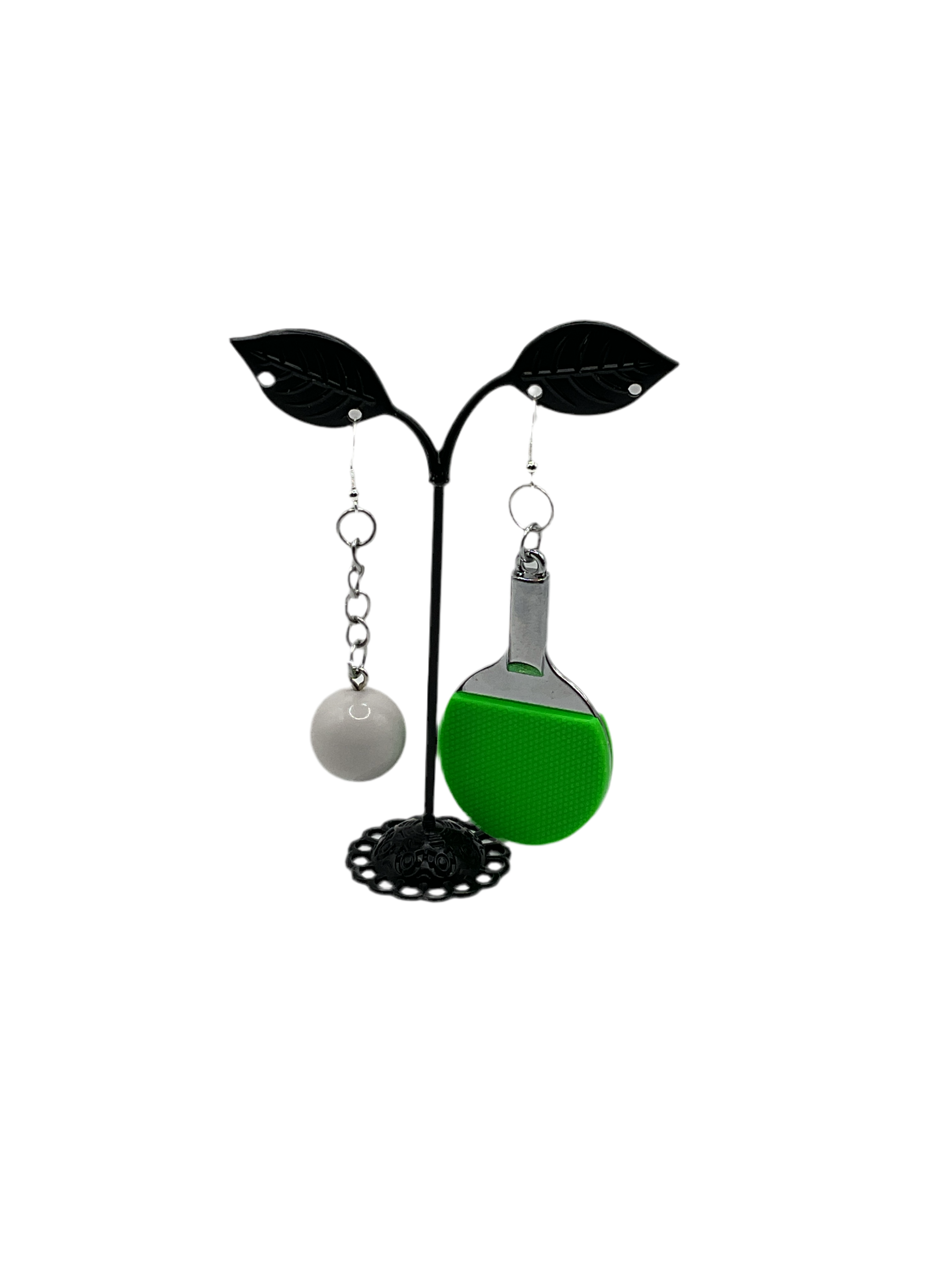 Green ping pong paddle and ball earrings