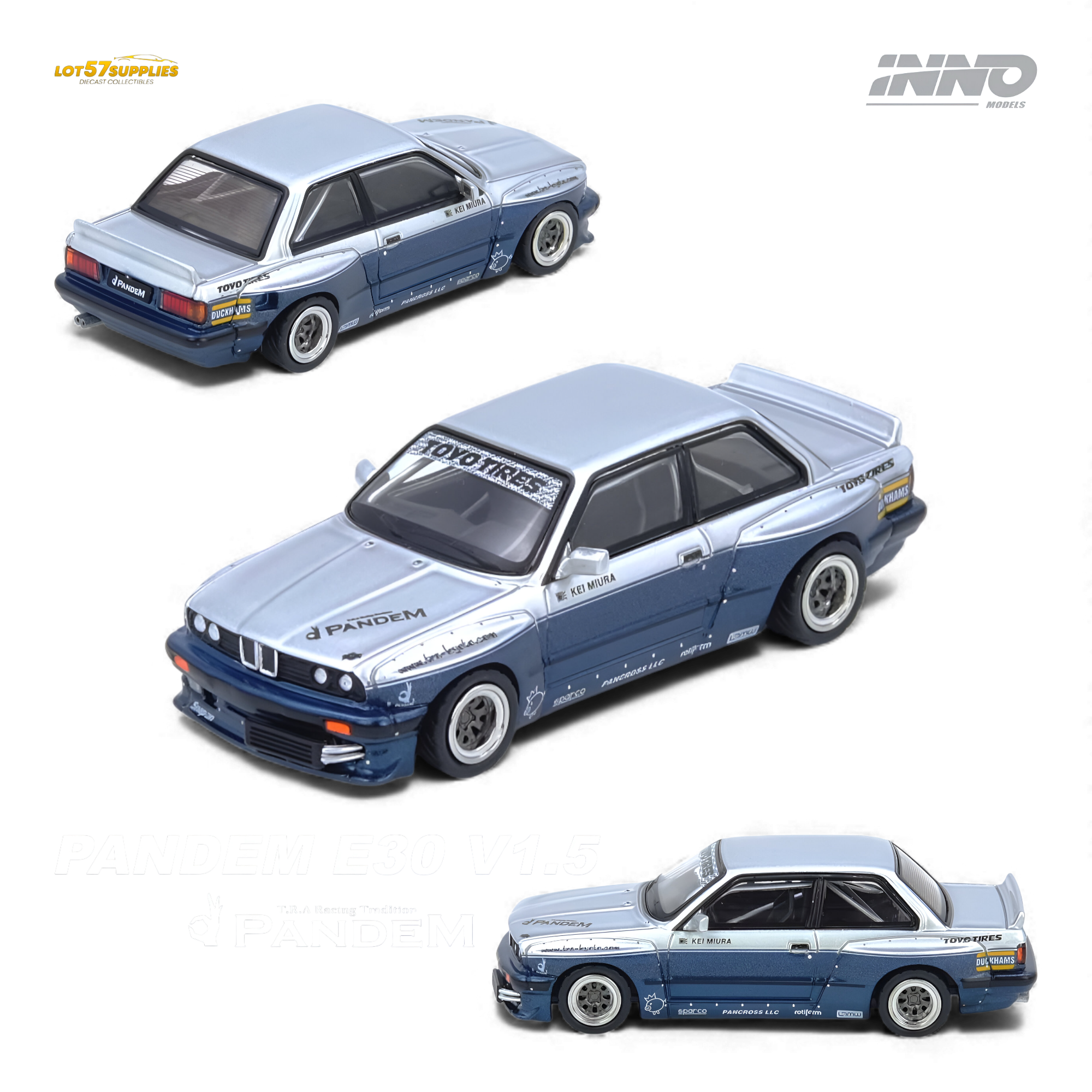 (Pre-Order) INNO64 PANDEM E30 M3 - Silver/Blue 1:64 Main image