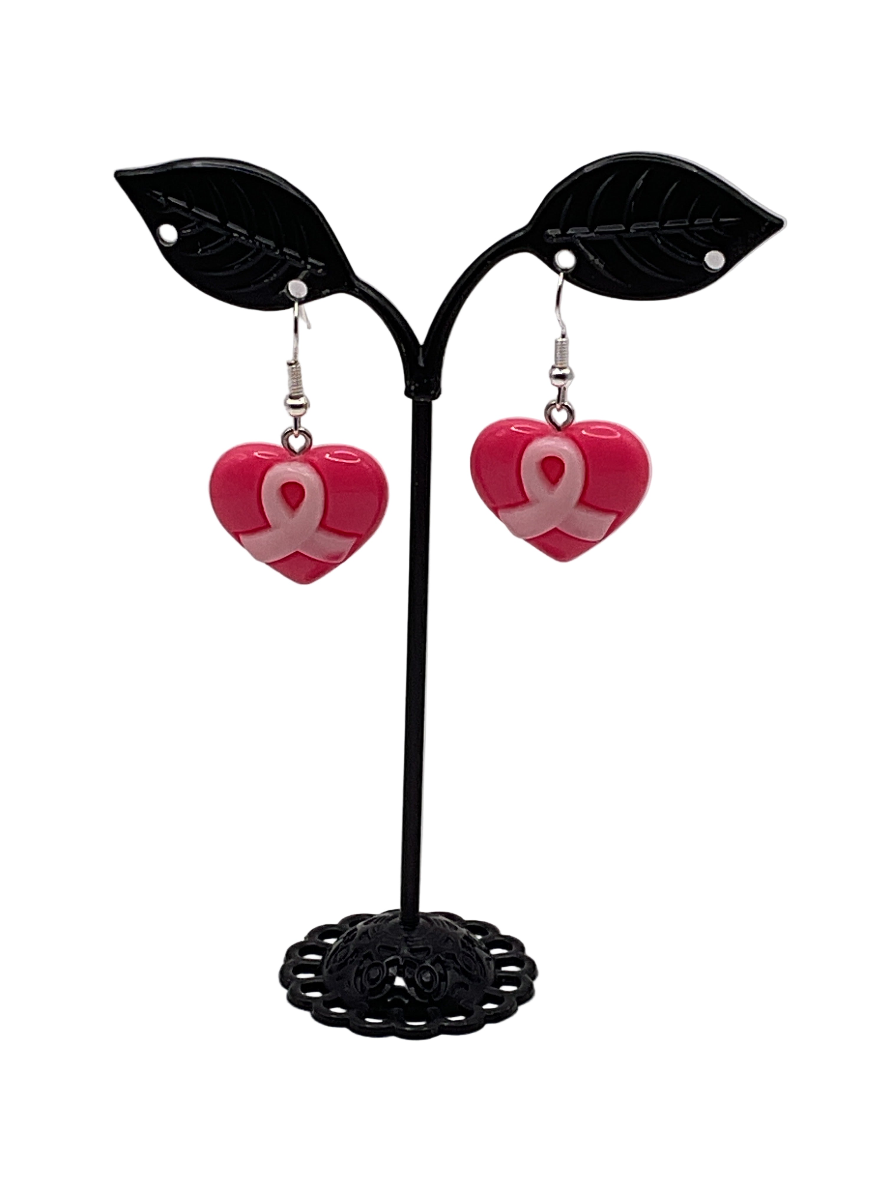 Breast cancer heart earrings
