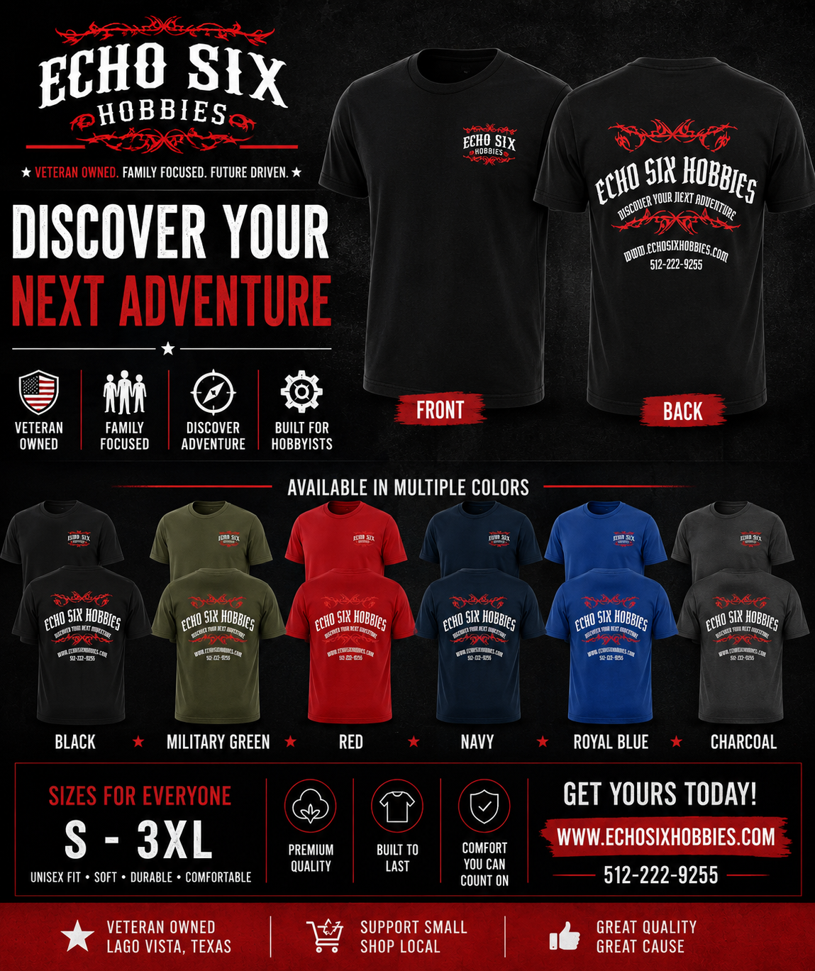 Echo Six Hobbies T-Shirt Choose your size and color