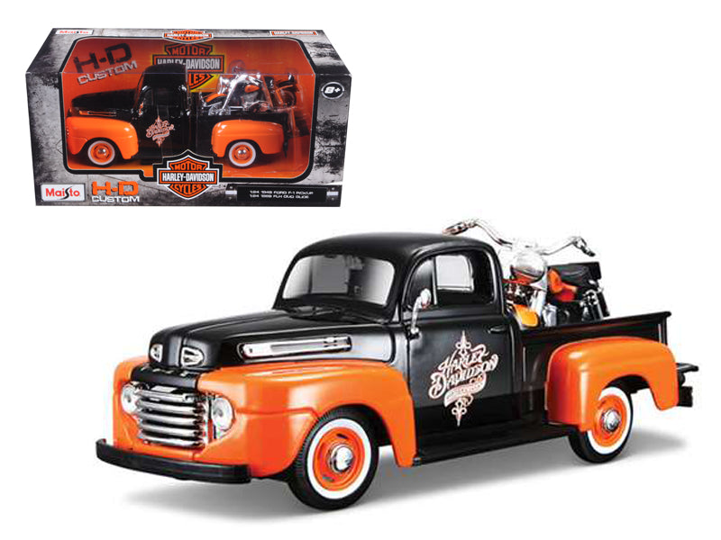 Maisto - 1948 Ford F-1 Pickup Truck with 1958 Harley Davidson FLH Duo Glide Motorcycle Orange and Black 1/24 Diecast Models by Maisto