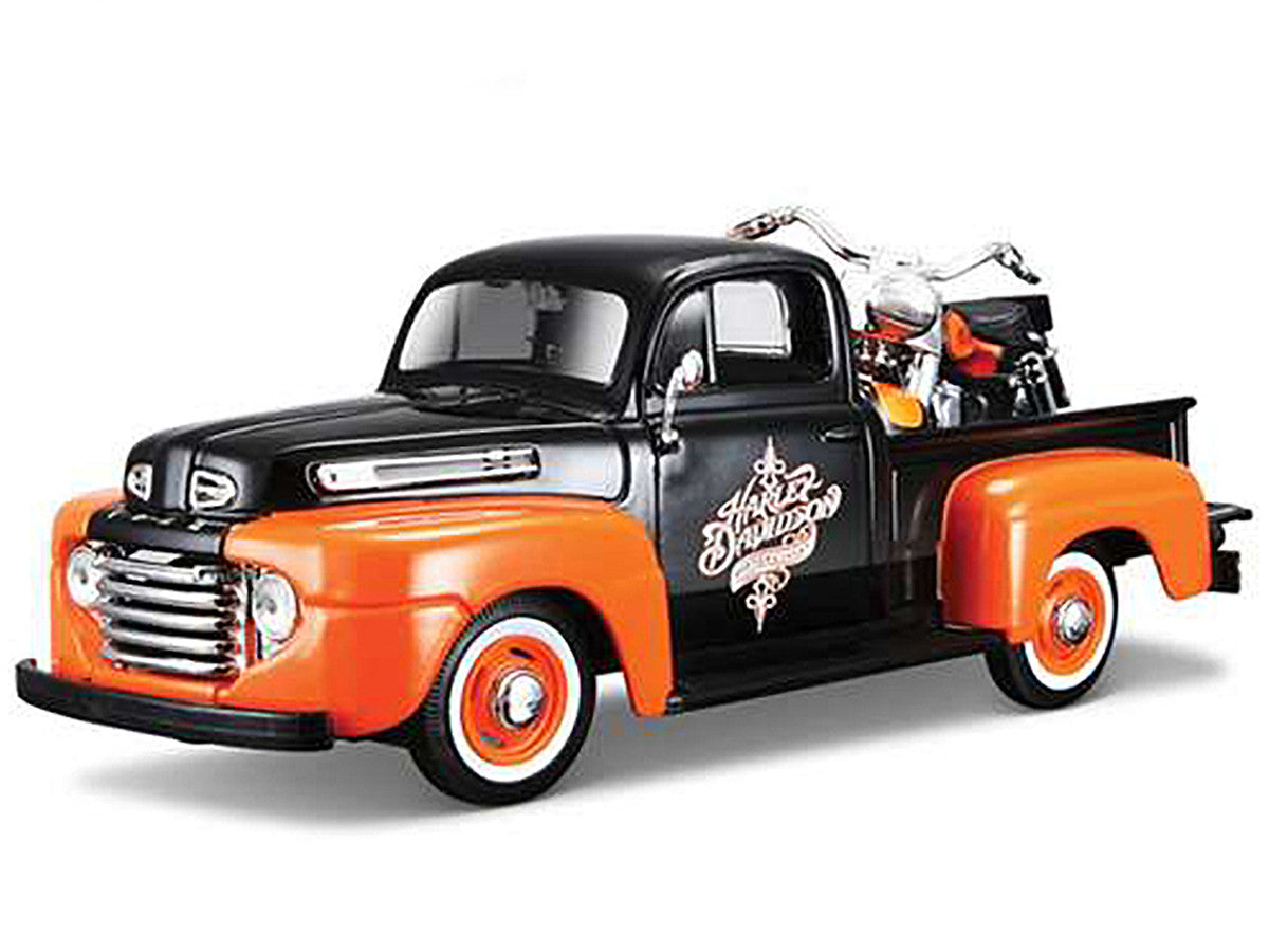 Maisto - 1948 Ford F-1 Pickup Truck with 1958 Harley Davidson FLH Duo Glide Motorcycle Orange and Black 1/24 Diecast Models by Maisto