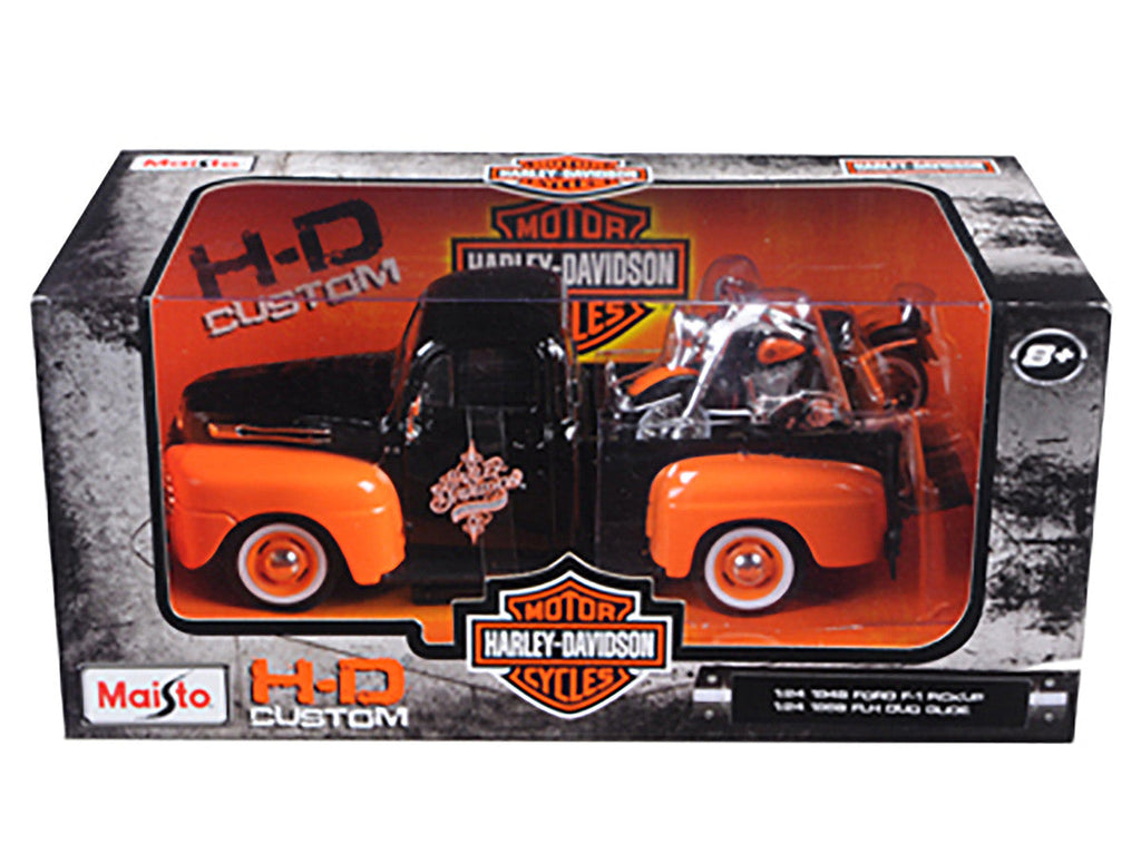 Maisto - 1948 Ford F-1 Pickup Truck with 1958 Harley Davidson FLH Duo Glide Motorcycle Orange and Black 1/24 Diecast Models by Maisto