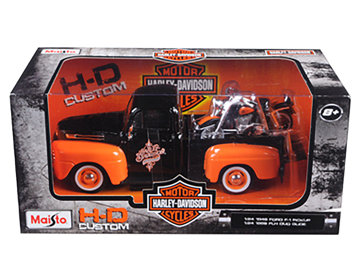 Maisto - 1948 Ford F-1 Pickup Truck with 1958 Harley Davidson FLH Duo Glide Motorcycle Orange and Black 1/24 Diecast Models by Maisto