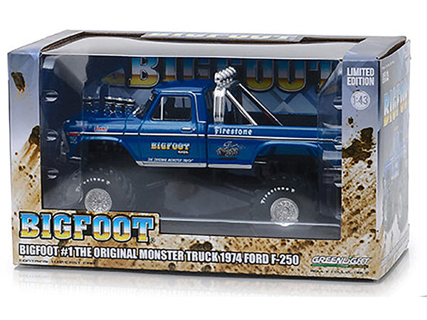 Greenlight - 1974 Ford F-250 Ranger XLT Monster Truck Bigfoot #1 "The Original Monster Truck" Blue "Kings of Crunch" 1/43 Diecast Model Car by Greenlight