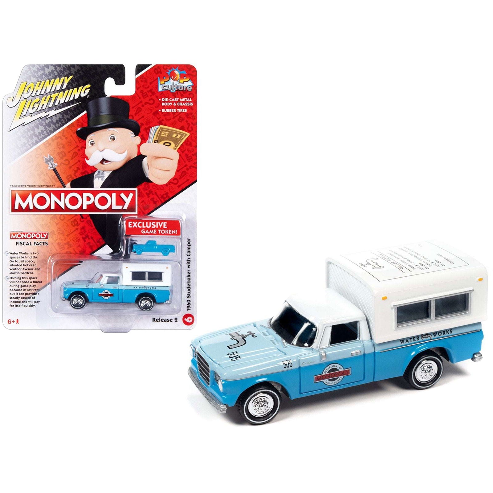 Johnny Lightning 1960 Studebaker with Camper - Monopoly Water Works w/Exclusive Game Token - Collectors World Toys