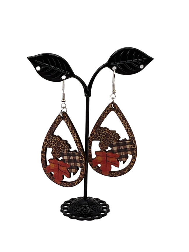 Wooden Fall Leaf Earrings Hover Image