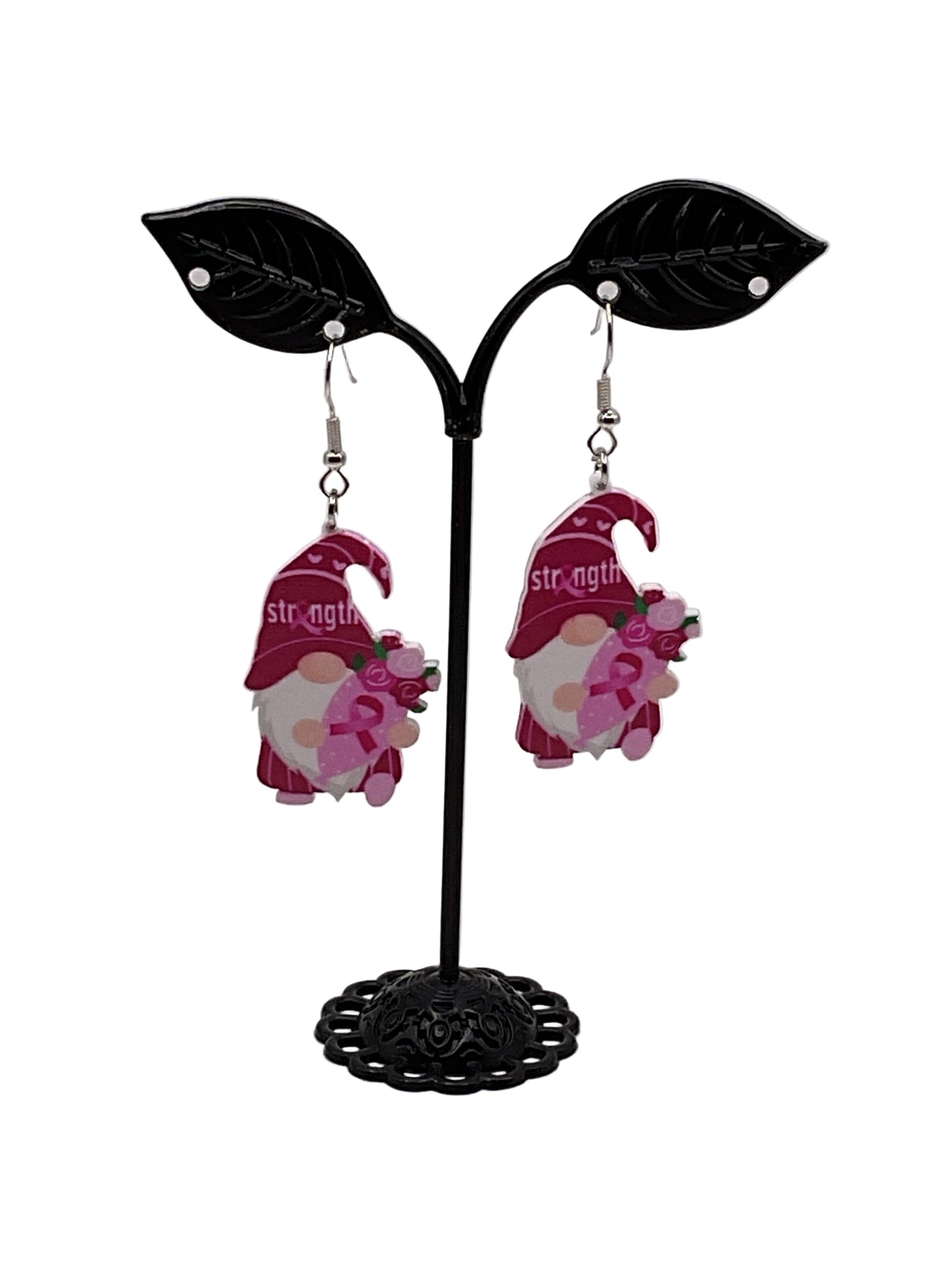 Breast cancer gnome earrings