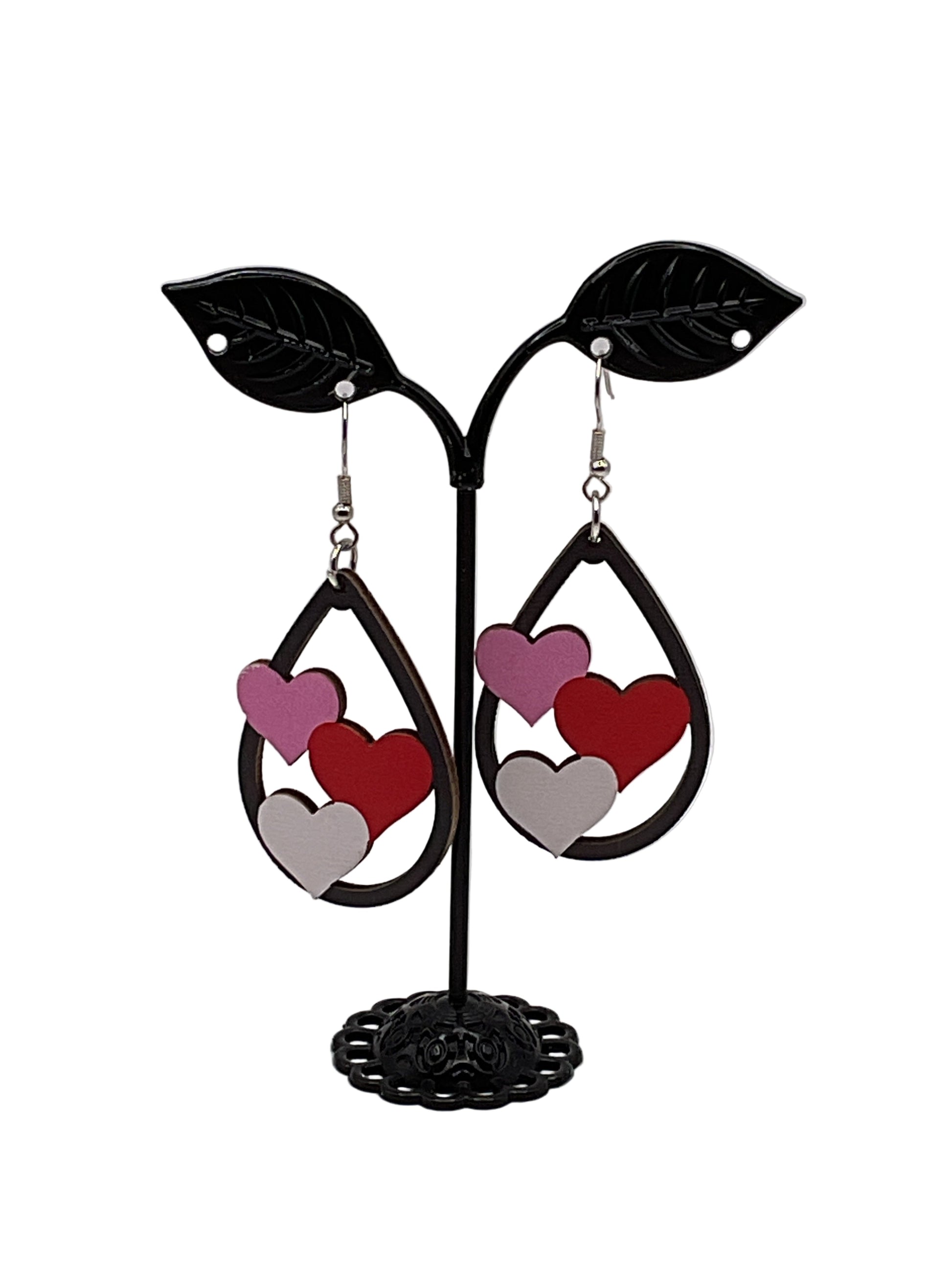 Wooden Three Hearts Earrings