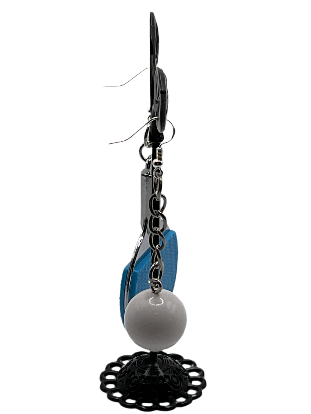 Blue ping pong paddle and ball earrings