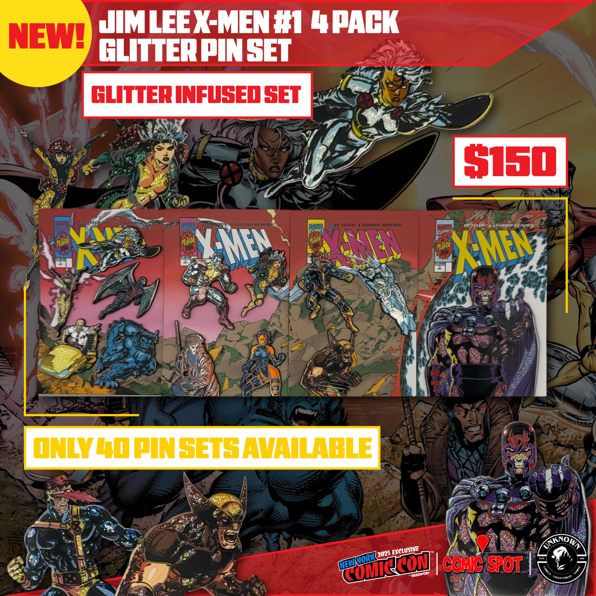 Jim Lee X-Men #1 4 Pack Exclusive Enamel GLITTER ✨ NYCC EXCLUSIVE Pin Set Only 250 Made (10/22/2025) - Collectors World Toys
